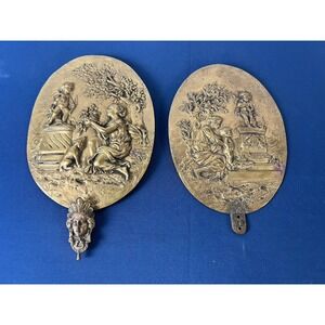Antique Vtg Pair Of High Relief French Brass Bronze Wall Plates Figural Decor